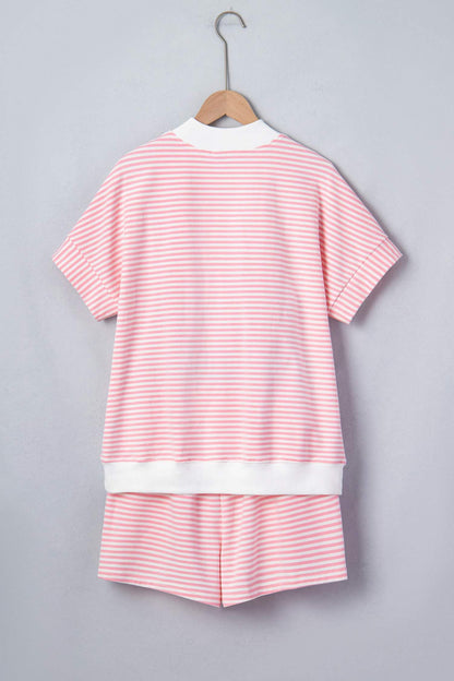 Pink Stripe Contrast Trim High Neck Short Sleeve LAKE WEEKEND 2pcs Short Set