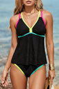 Black Floral Textured Neon Trim V Neck Crisscross Backless Tankini Set - Sweet Fashion Wholesale