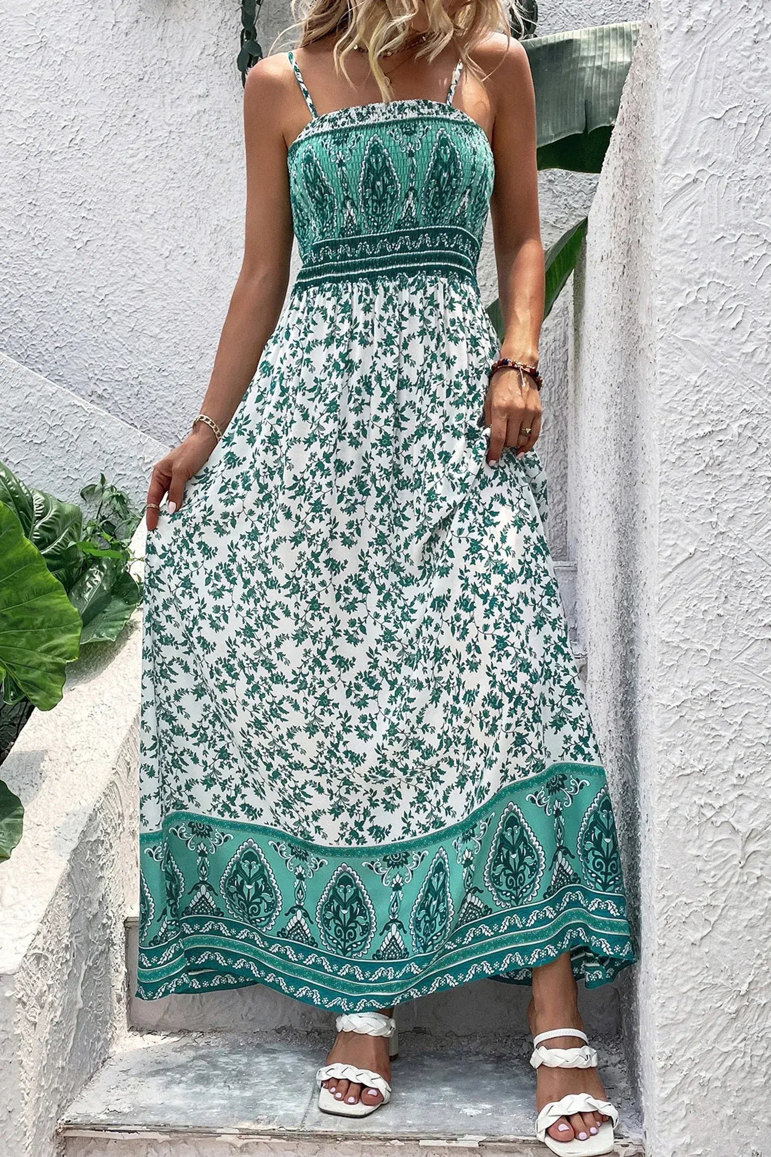 Green Boho Floral Print Shirred Cami Maxi Dress - Sweet Fashion Wholesale
