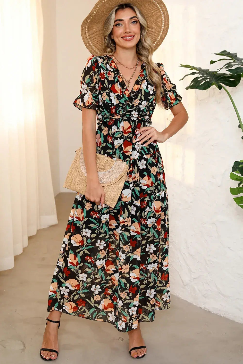 Multicolor Fiery Floral Print Frilled V Neck Short Sleeve Maxi Dress - Sweet Fashion Wholesale