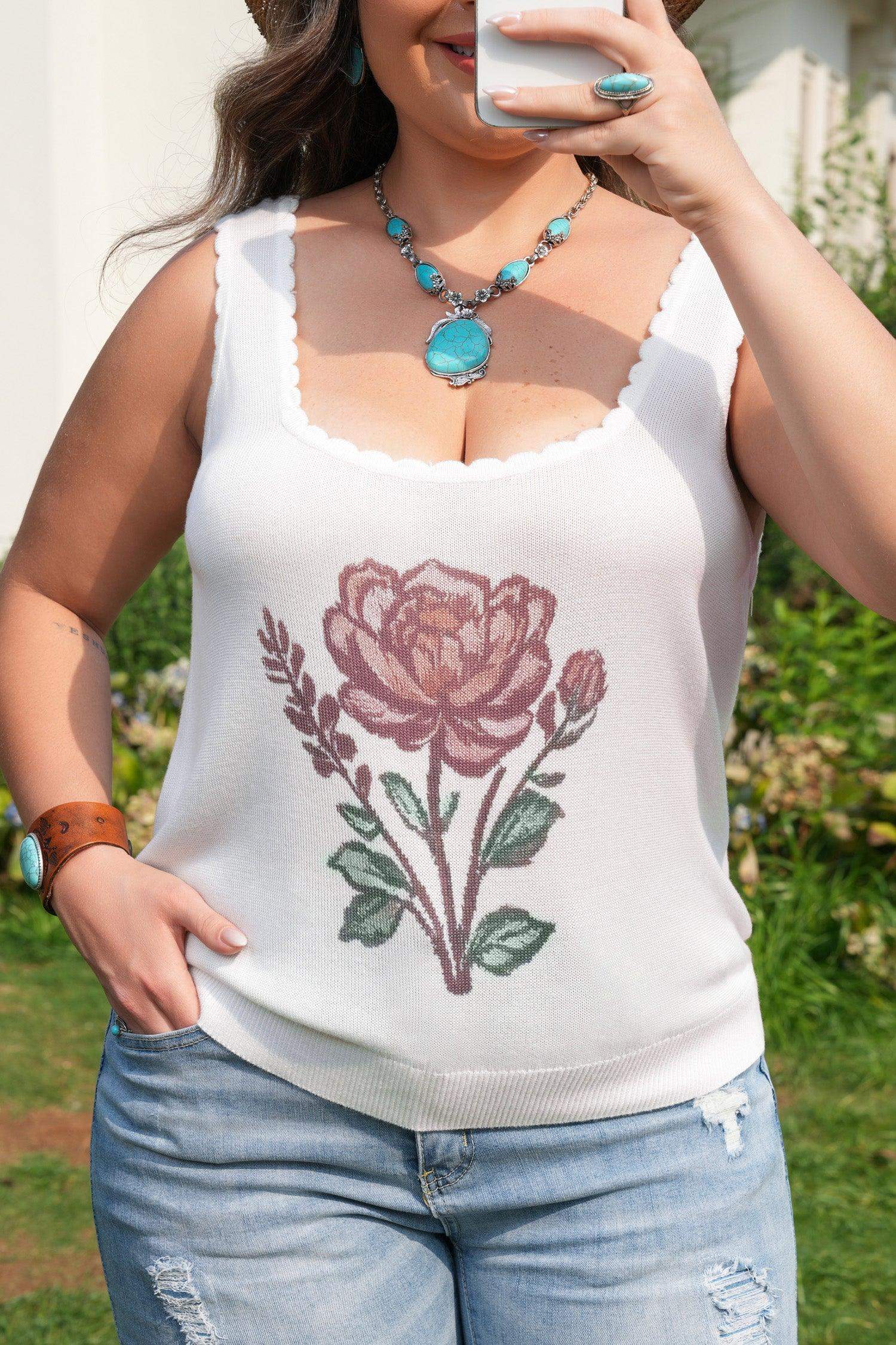 White Plus Size Floral Print Scalloped Trim Square Neck Sweater Vest - Sweet Fashion Wholesale