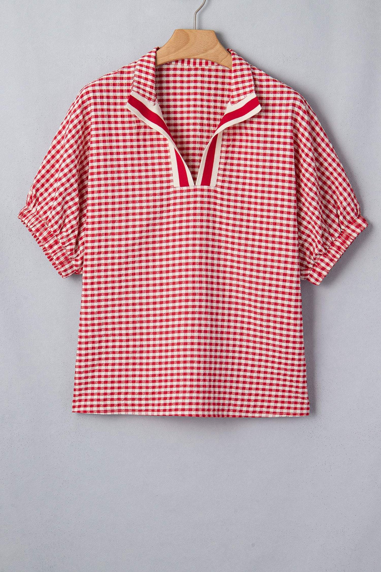 Green Plaid Short Sleeve Colorblock Trim Split Neck Blouse