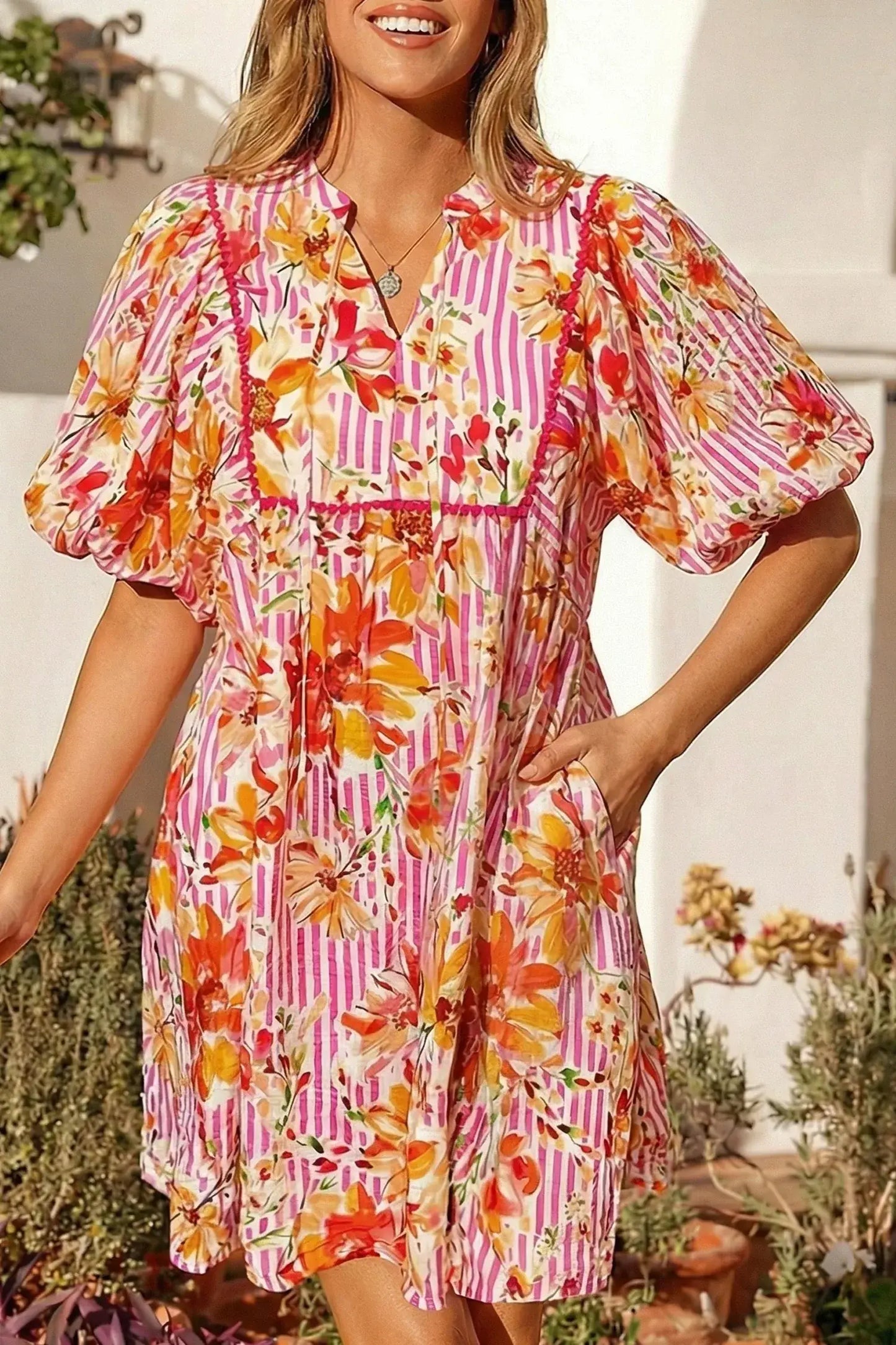 Pink Striped Floral Print Tie Neck Puff Sleeve Loose Mini Dress - Sweet Fashion Wholesale