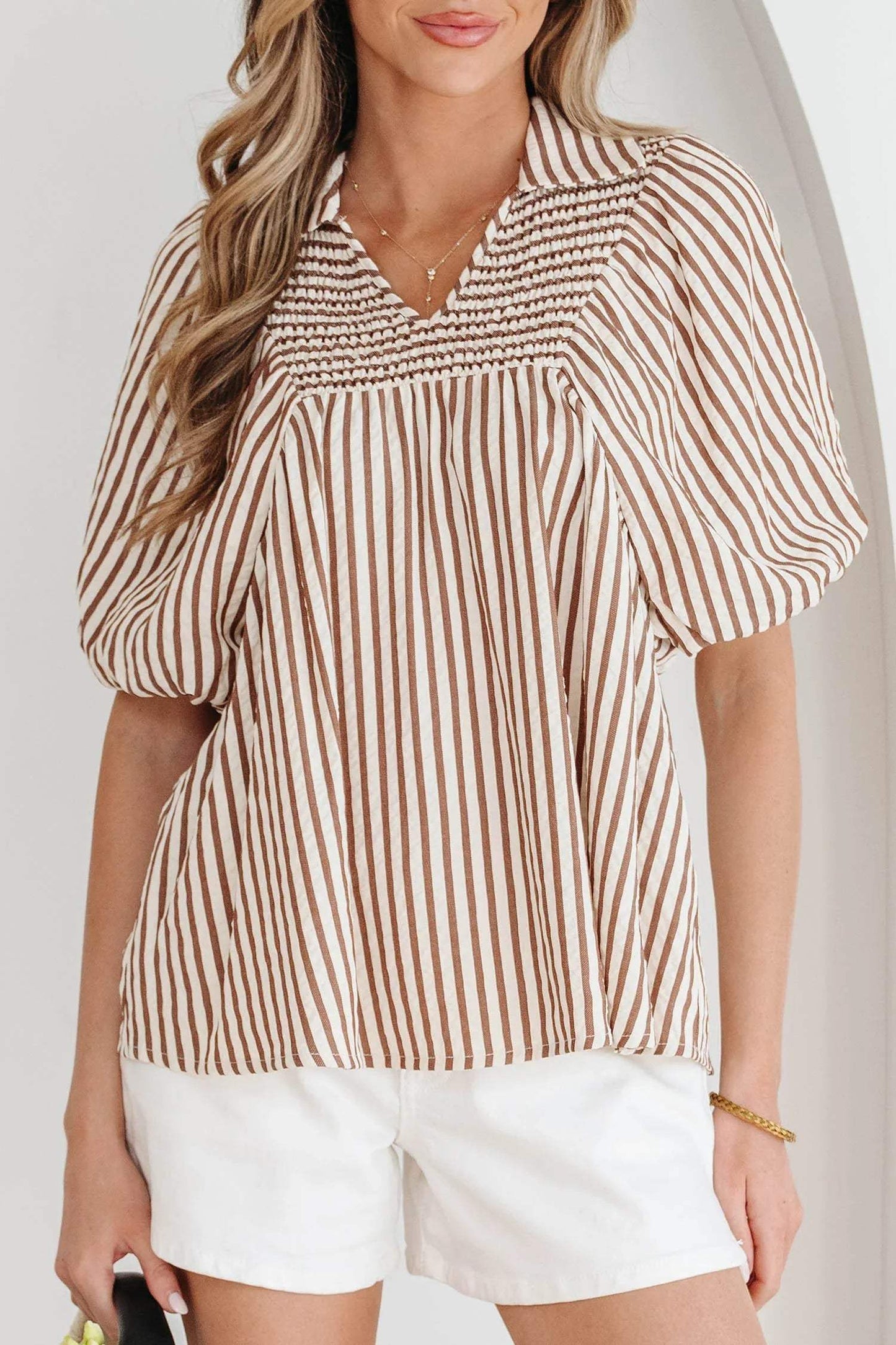 Brown Stripe Shirred V Neck Short Puff Sleeve Blouse - Sweet Fashion Wholesale