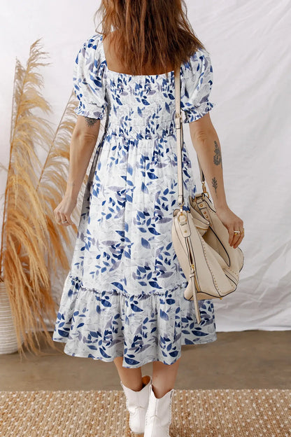 Sky Blue Smocked Bodice Short Puff Sleeve Tiered Floral Midi Dress - Sweet Fashion Wholesale