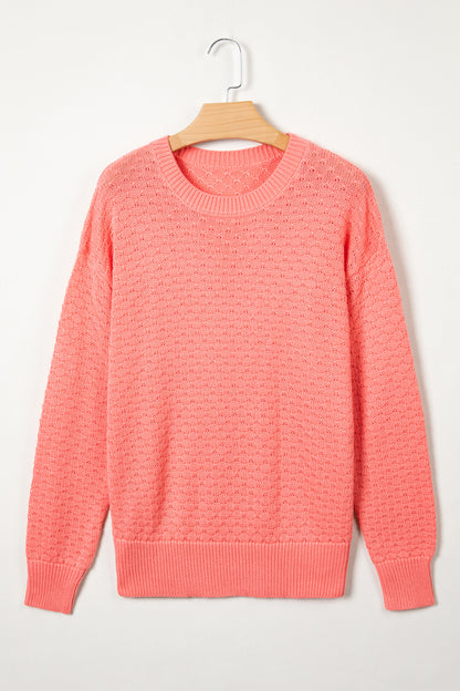 Coral Paradise Drop Shoulder Ribbed Knit Sweater Regular Length Long Sleeve Pullover