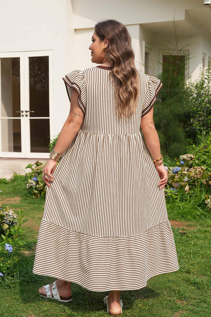 Black Stripe Plus Size Slit V Neck Tiered Flutter Sleeve Maxi Dress