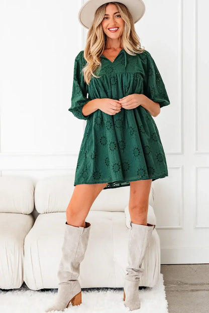 Blackish Green Embroidered Eyelet Pattern 3/4 Puffy Sleeve Swing Mini Dress