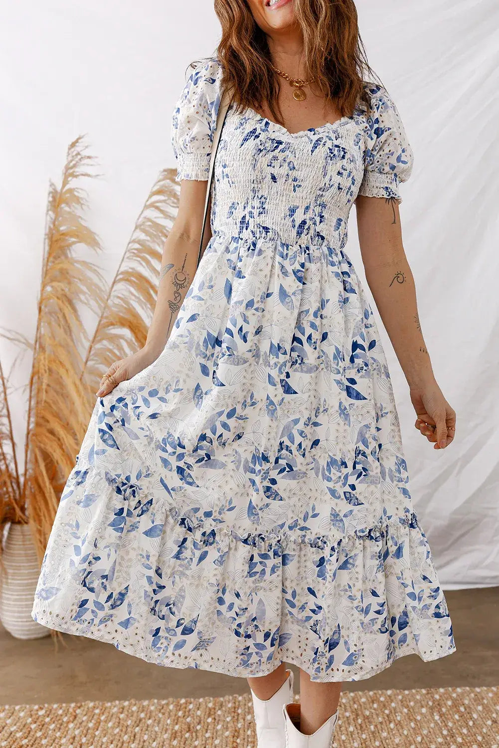 Sky Blue Smocked Bodice Short Puff Sleeve Tiered Floral Midi Dress - Sweet Fashion Wholesale