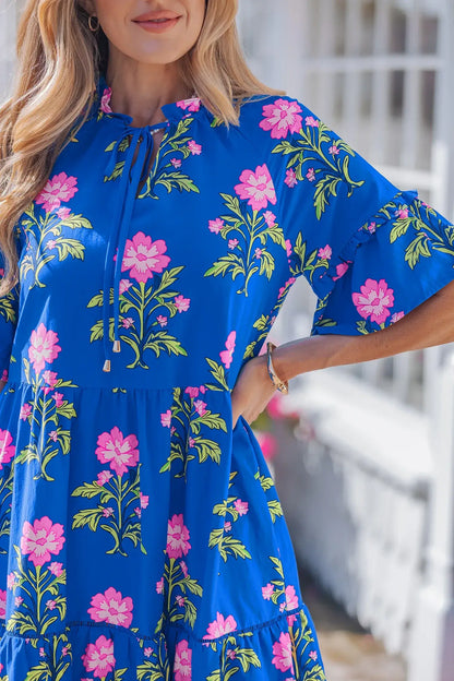 Blue V Neck Short Sleeve Loose Flower Dress - Sweet Fashion Wholesale