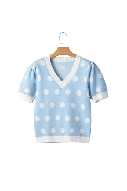 Pink Polka Dot Puff Short Sleeve Sweater Top
