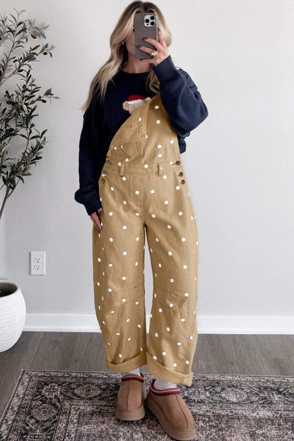 Light French Beige Polka Dot Print Bib Pocket Denim Barrel Overalls Jumpsuit