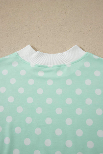 Green Polka Dot Print Color Block Trim Mock Neck Short Set
