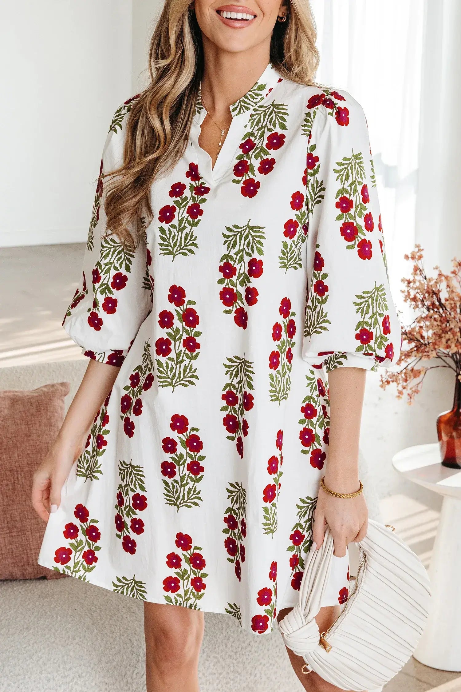 White Floral Print V Neck 3/4 Sleeve Loose Mini Dress - Sweet Fashion Wholesale