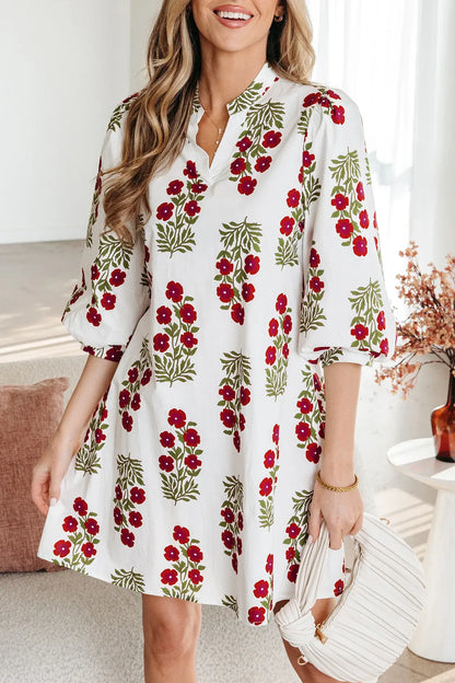White Floral Print V Neck 3/4 Sleeve Loose Mini Dress - Sweet Fashion Wholesale