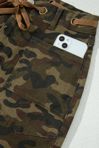 Multicolour Camouflage Print Retro Grommet Tie Waist Loose Jeans
