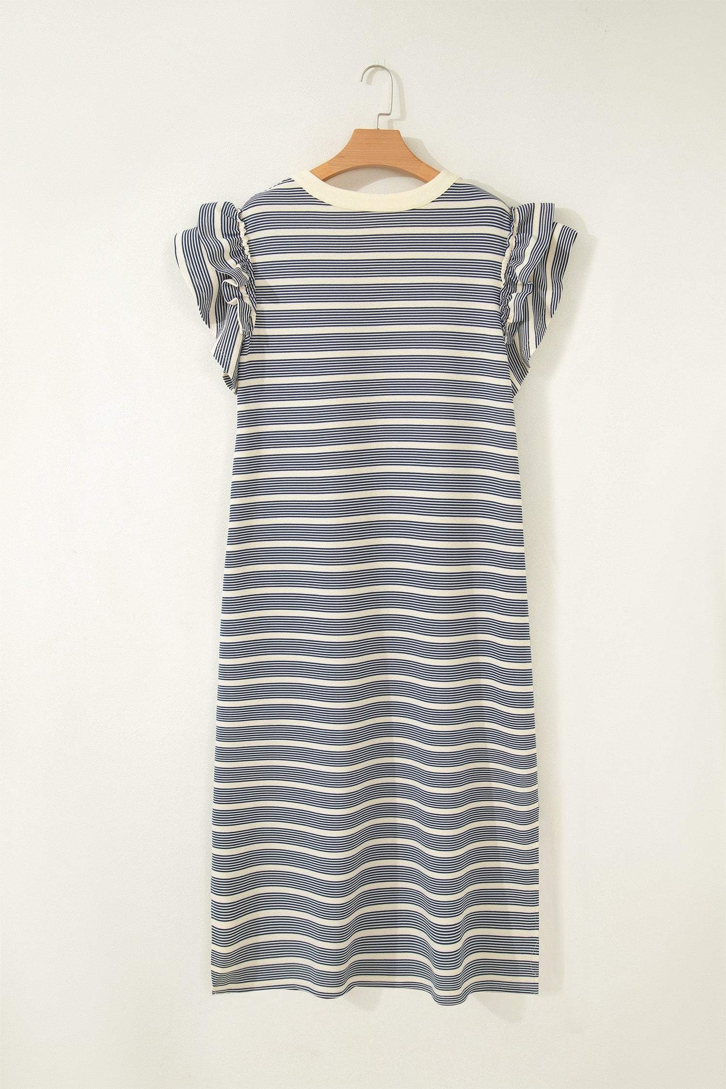 Blue Stripe Plus Size Contrast Trim Button V Neck Ruffle Sleeve Shift Dress