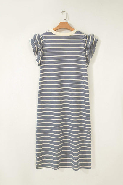 Blue Stripe Plus Size Contrast Trim Button V Neck Ruffle Sleeve Shift Dress