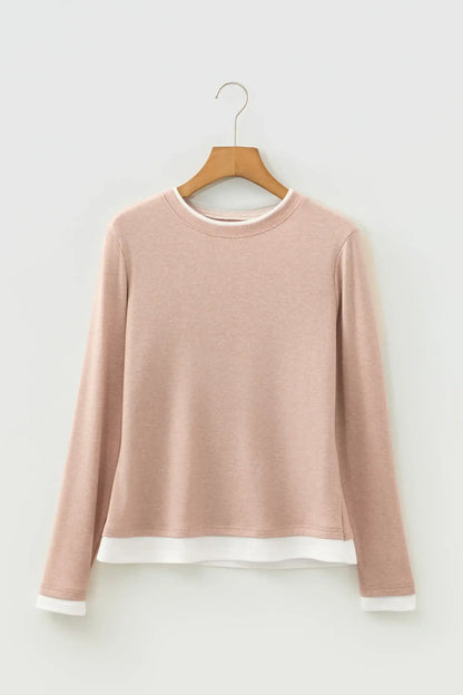 Smoke Gray False Two Piece Color Block Patchwork Long Sleeve Top