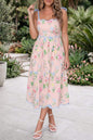 Pink Floral Print Contrast Trim Self-tie Straps High Waist Midi Dress