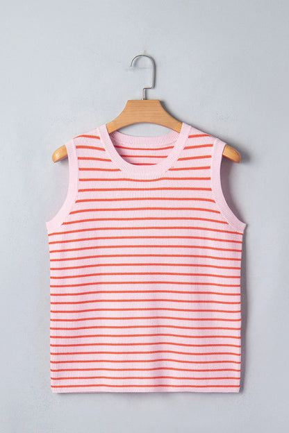 Pink Stripe Textured Knit Sleeveless Casual Sweater Top