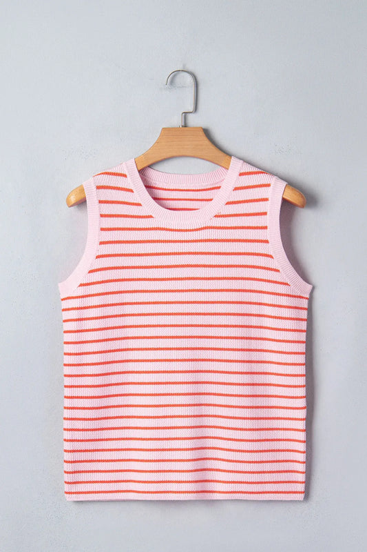 Pink Stripe Textured Knit Sleeveless Casual Sweater Top