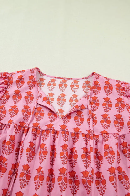 Pink Plus Size Floral Print Tassel Tie Puff Sleeve Cotton Blouse - Sweet Fashion Wholesale