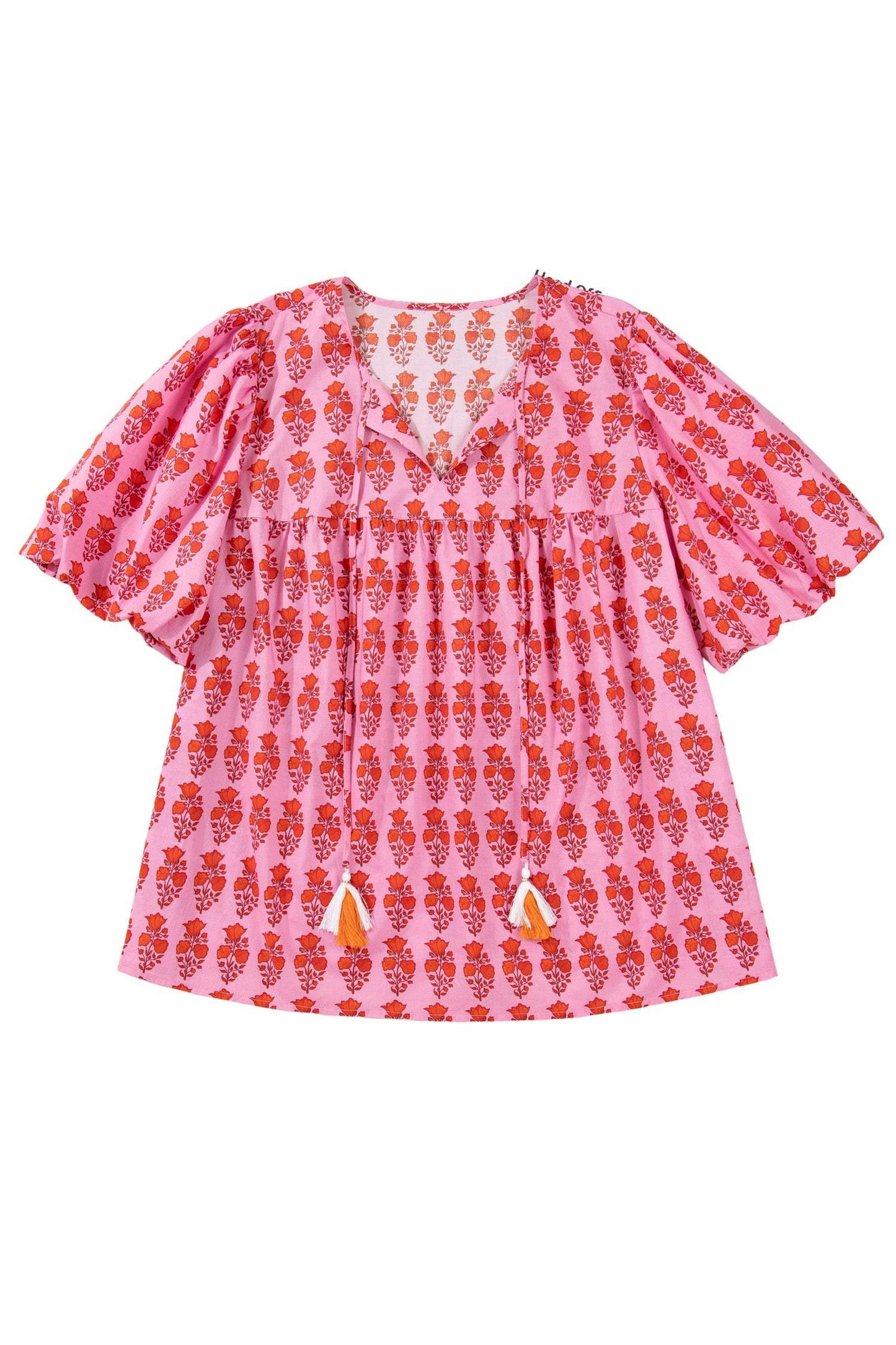 Pink Plus Size Floral Print Tassel Tie Puff Sleeve Cotton Blouse