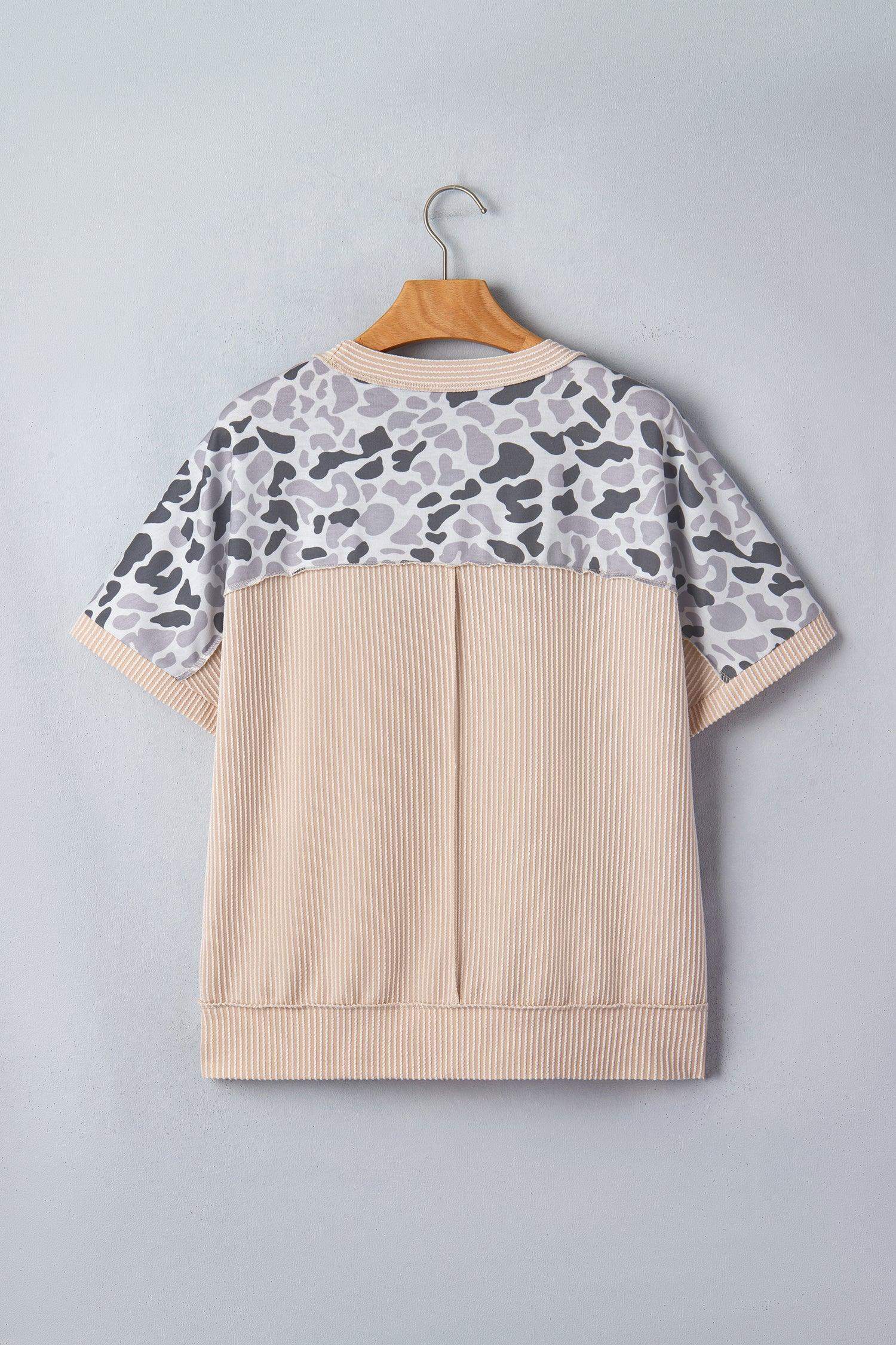 Gray Camouflage Print Twisted Ribbed Patchwork Casual T Shirt - Sweet Fashion Wholesale