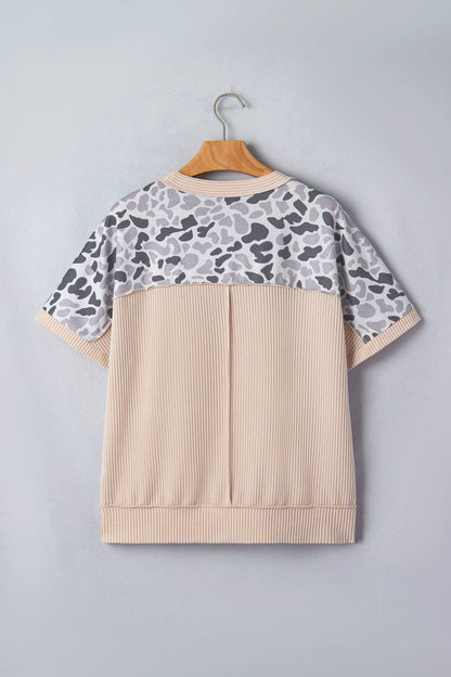 Gray Camouflage Print Twisted Ribbed Patchwork Casual T Shirt - Sweet Fashion Wholesale