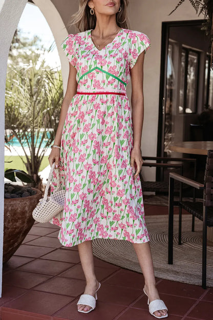 Pink Floral Print Contrast Trim V Neck Short Sleeve Elegant Midi Dress - Sweet Fashion Wholesale