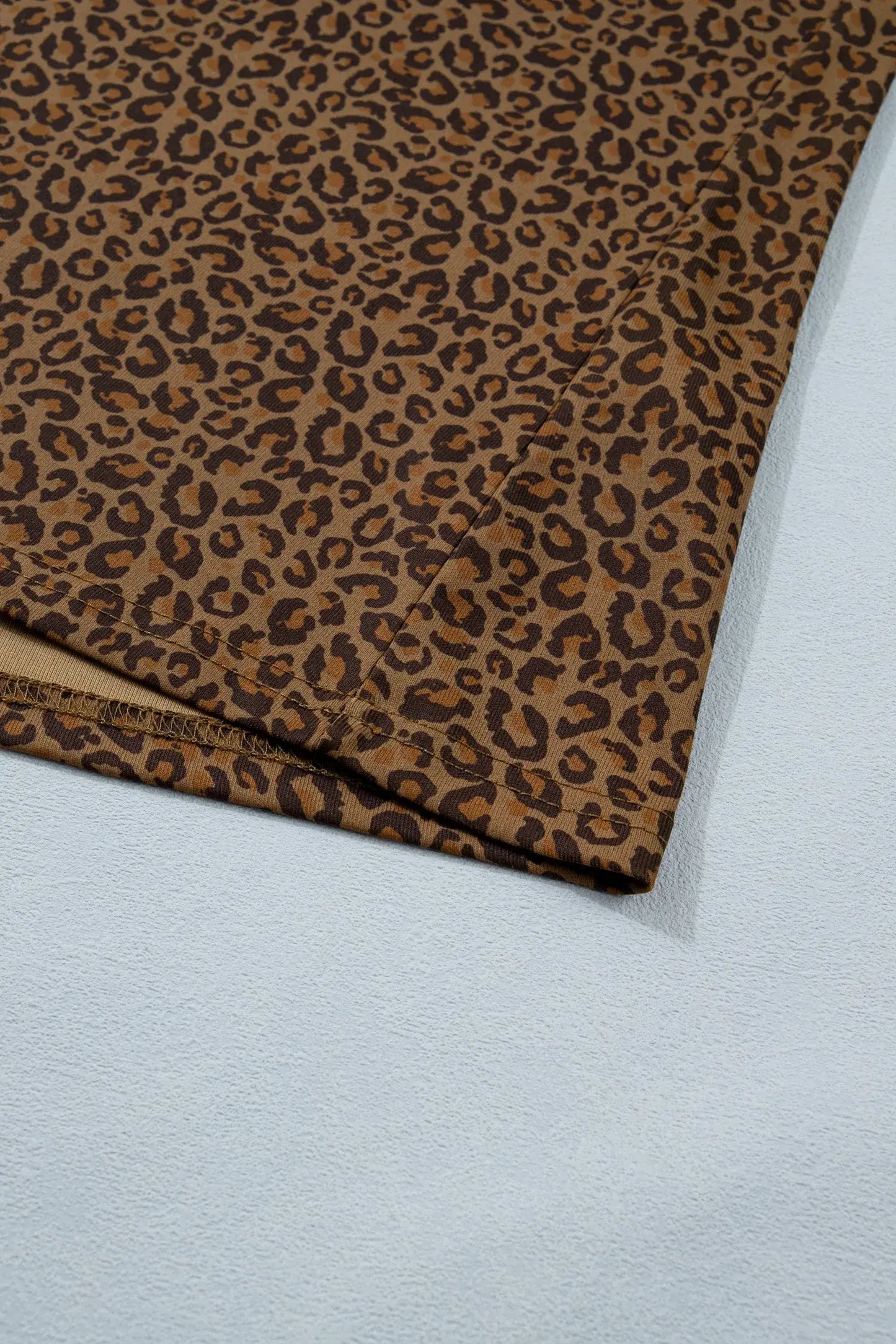 Khaki Plus Size Leopard Print Ribbed Trim Round Neck Tee - Sweet Fashion Wholesale