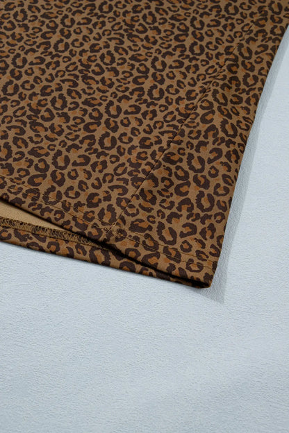 Khaki Plus Size Leopard Print Ribbed Trim Round Neck Tee - Sweet Fashion Wholesale