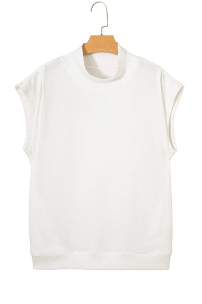Sky Blue Solid Color High Neck Cap Sleeve Loose Top