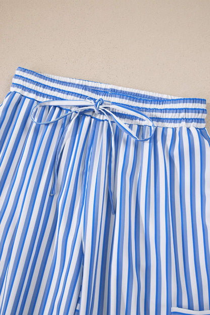 Sky Blue Stripe Drawstring Elastic Waist Patch Pocket Wide Leg Ankle-length Pants