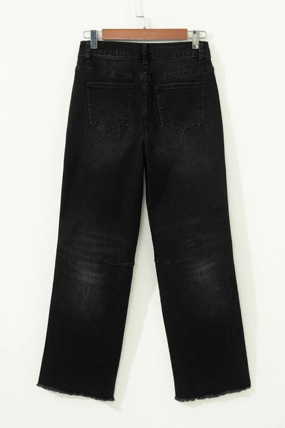 Black Frayed Cropped Straight Jeans - Sweet Fashion Wholesale