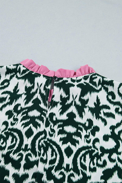 Green Damask Print Ruffled Color Block Detail Half Sleeve Blouse