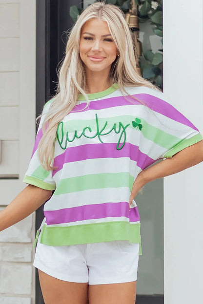Green Stripe Lucky Clover Embroidered Graphic Dolman Loose Tee - Sweet Fashion Wholesale