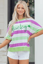 Green Stripe Lucky Clover Embroidered Graphic Dolman Loose Tee - Sweet Fashion Wholesale