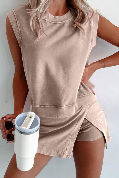 Yellow Cream 2 Pieces Mineral Wash Cotton Tank Top Lined Split Skort Set