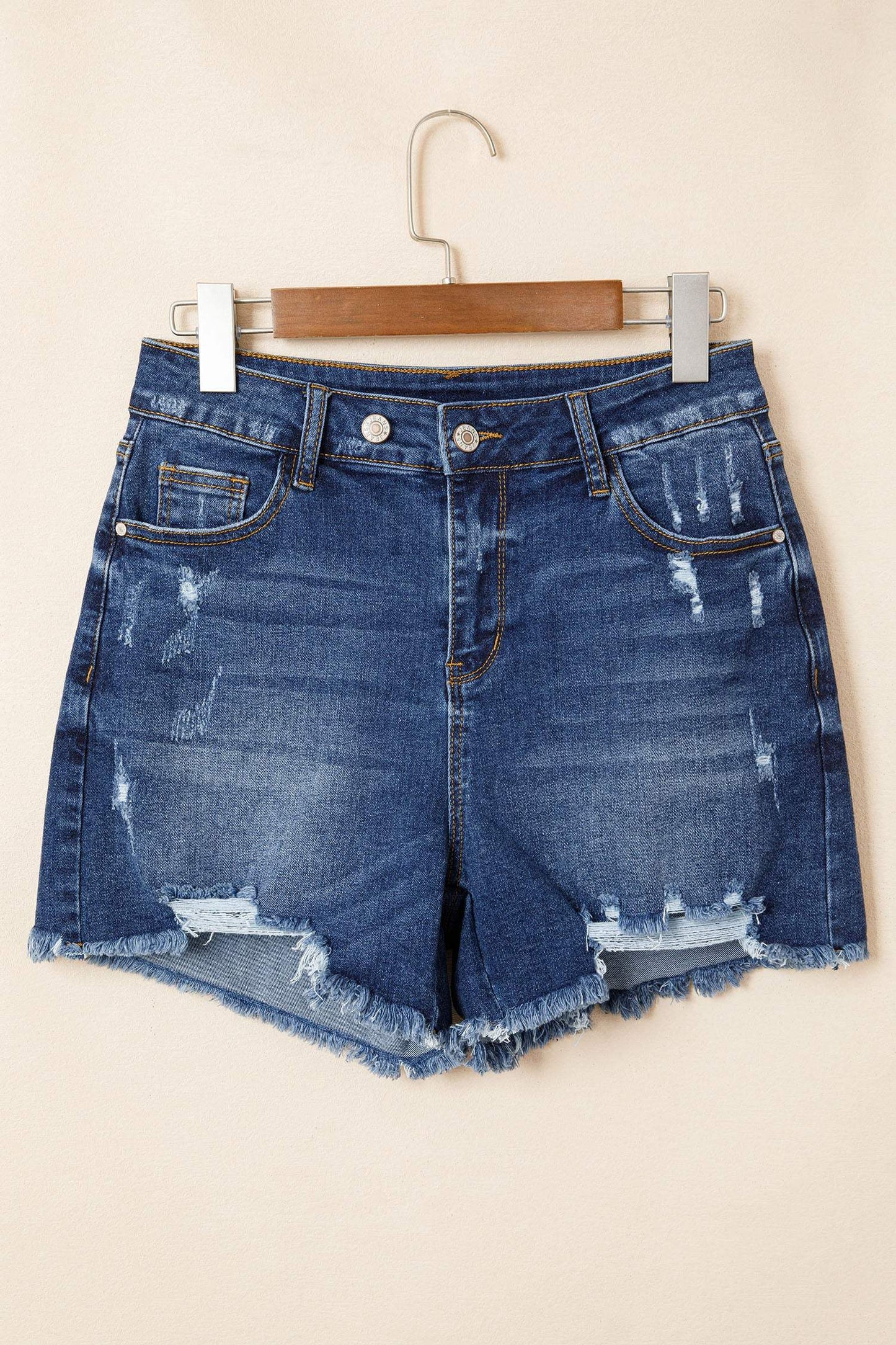Sail Blue Asymmetric Raw Hem Distressed Whiskery Denim Shorts