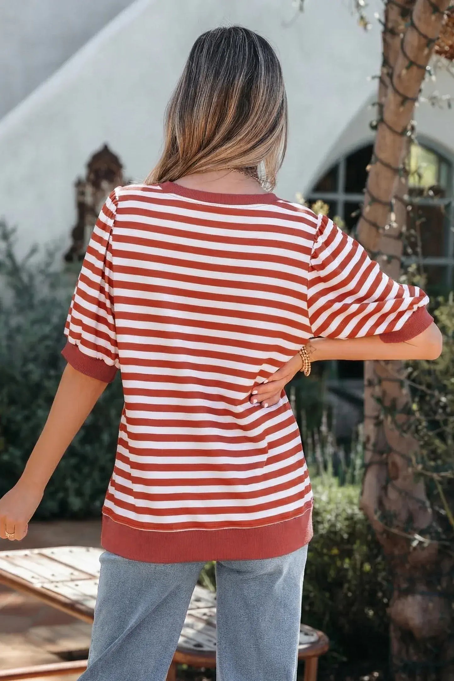 Khaki Stripe Short Bubble Sleeve T Shirt - Sweet Fashion Wholesale
