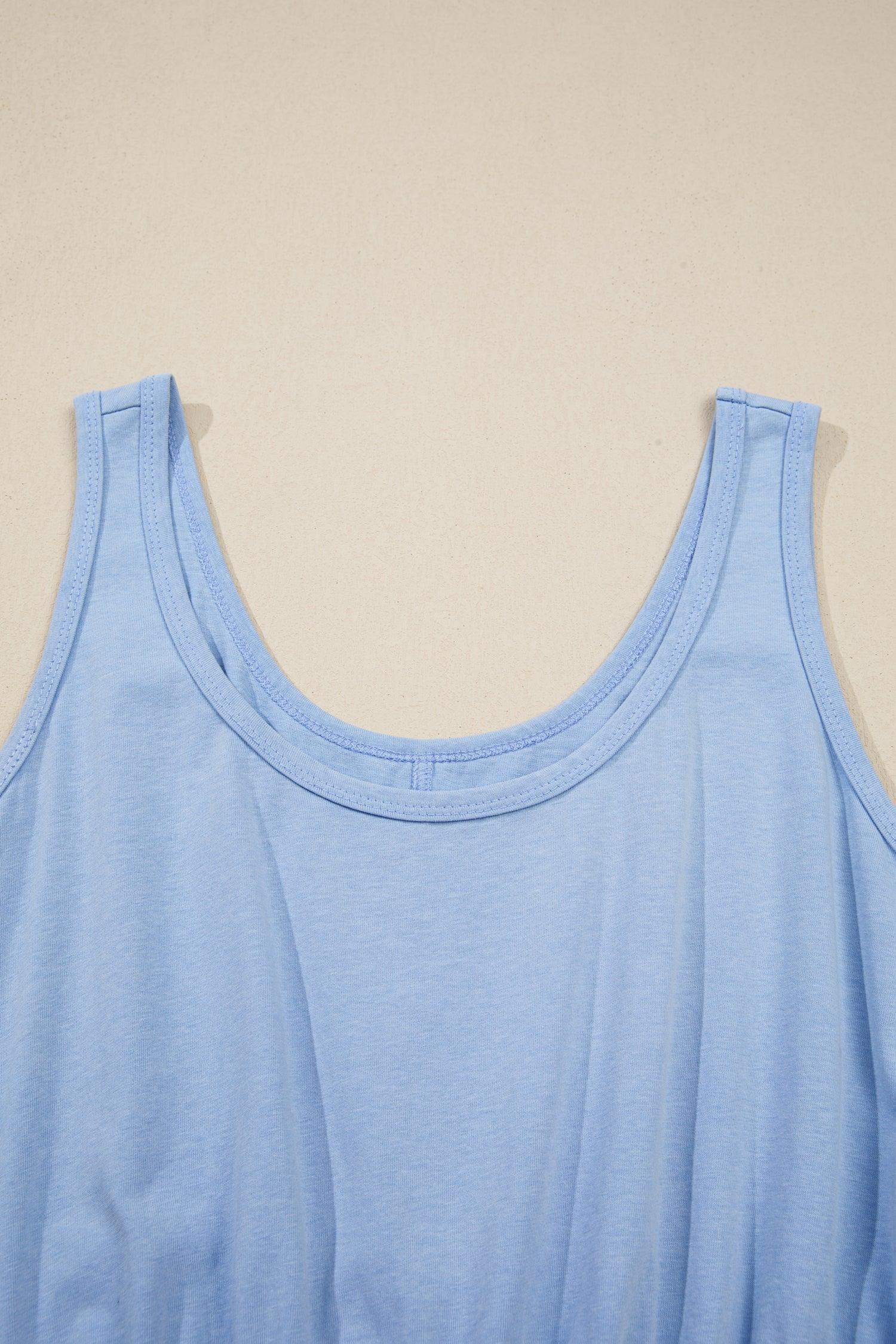 Sky Blue Mineral Wash Elastic Waist Tank Dress with Side Pockets - Sweet Fashion Wholesale