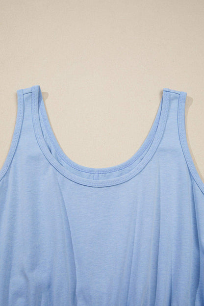Sky Blue Mineral Wash Elastic Waist Tank Dress with Side Pockets - Sweet Fashion Wholesale