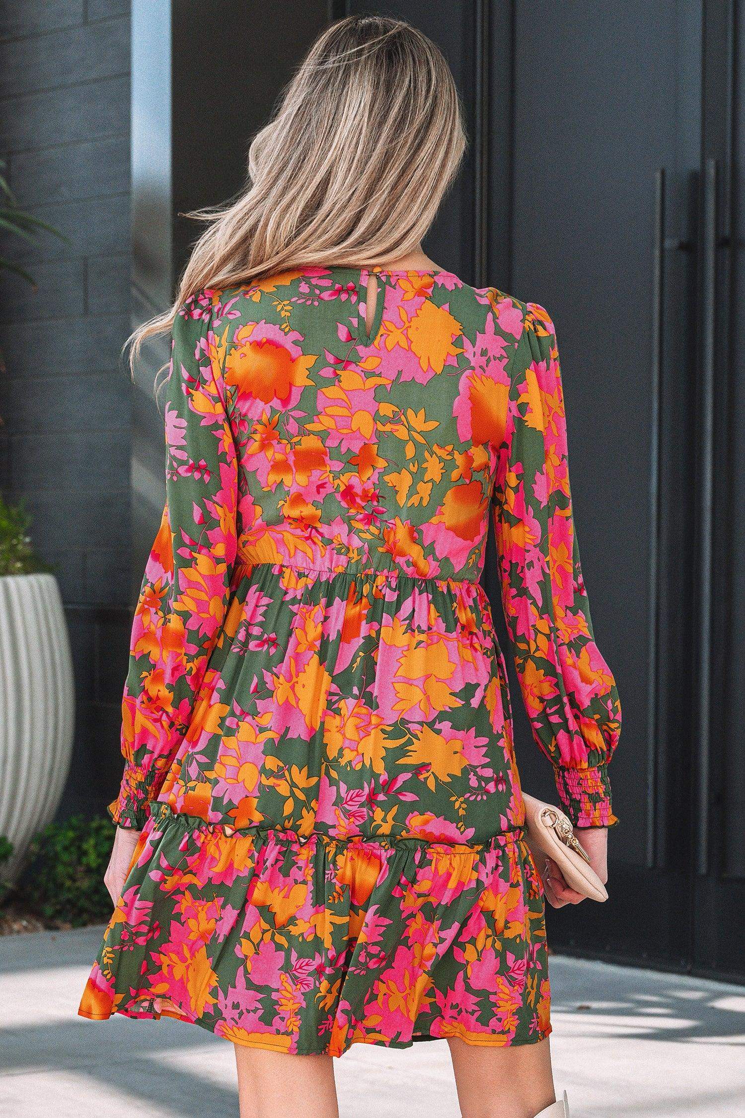 Multicolour Floral Print Long Sleeve Smocked Ruffled Mini Dress - Sweet Fashion Wholesale
