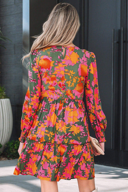 Multicolour Floral Print Long Sleeve Smocked Ruffled Mini Dress - Sweet Fashion Wholesale