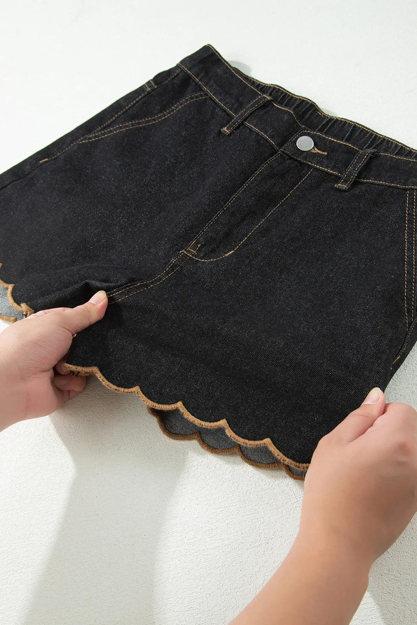 Navy Blue Embroidered Scalloped Trim Relaxed Denim Shorts - Sweet Fashion Wholesale