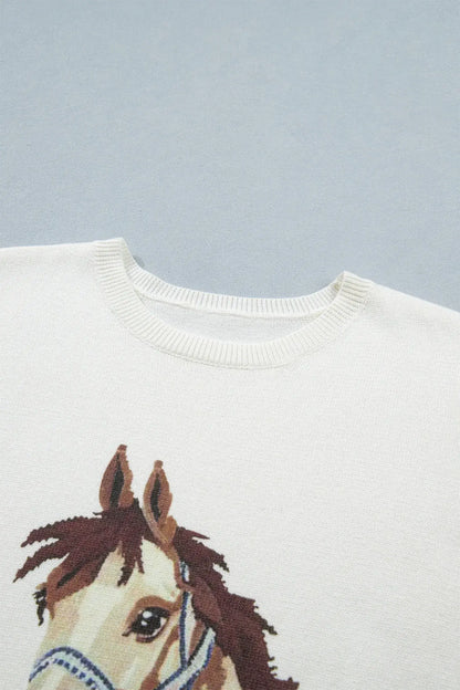White Wild West Horse Head Printed Short Sleeve Sweater - Sweet Fashion Wholesale