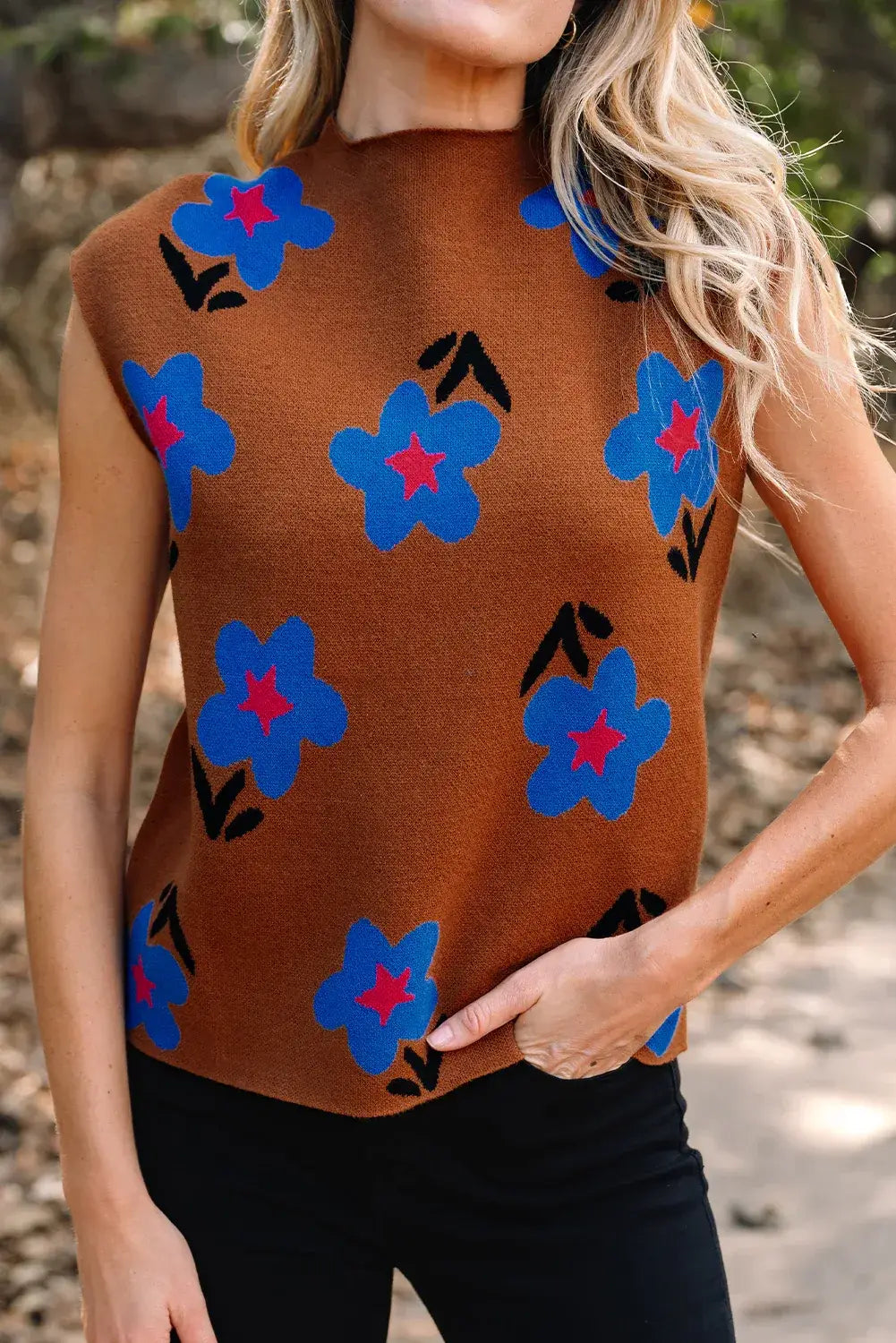 Chestnut Floral High Neck Sweater Vest