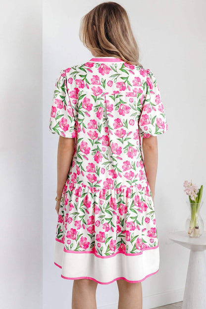 Multicolour Sweet Floral Print Striped Color Block Trim Short Dress